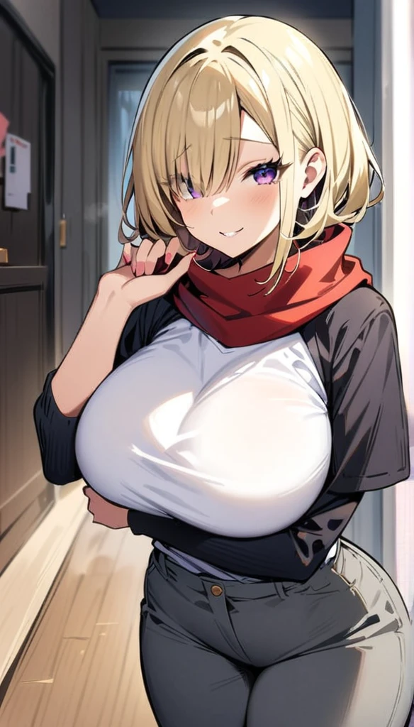 ((Best Quality)), ((Masterpiece)), (detailed), 1 girl, Pastel yellow hair, wide, hair covers one eye, purple eyes, tight, big breasts, big thighs, expression smiling shy, White T-shirt, black sweater, Red scarf, Gray pants, at home, looking at the viewer trying to surprise him, 