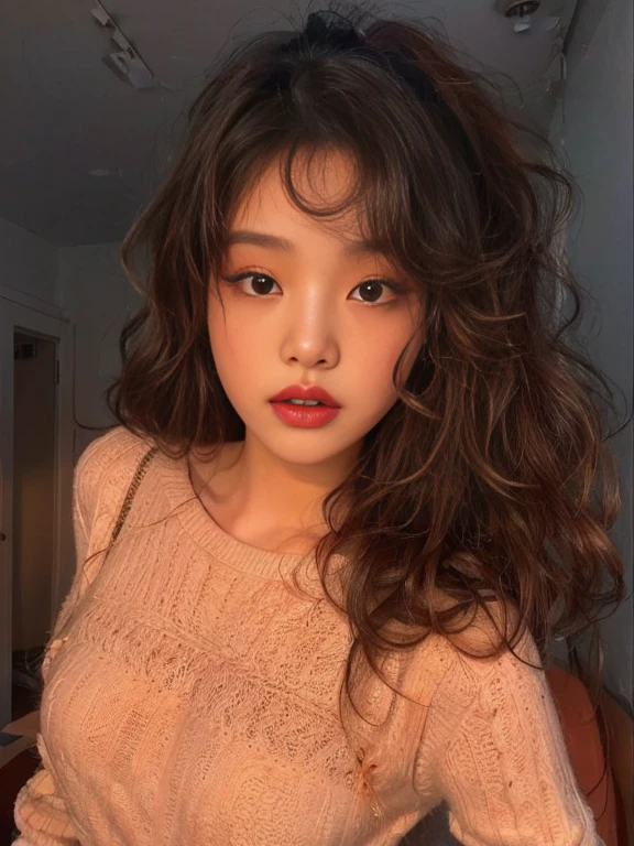 a closeup of a woman with long hair and wearing a sweater, curly bangs, korean girl, ulzzang, beautiful south korean woman, Beautiful young Korean woman, Beautiful young Korean woman, Popular Korean makeup, young and adorable korean face, curly bangs and ponytail, South Korean popular makeup, shoulder length wavy hair, with long curly hair, beautiful asian girl, messy curly hair