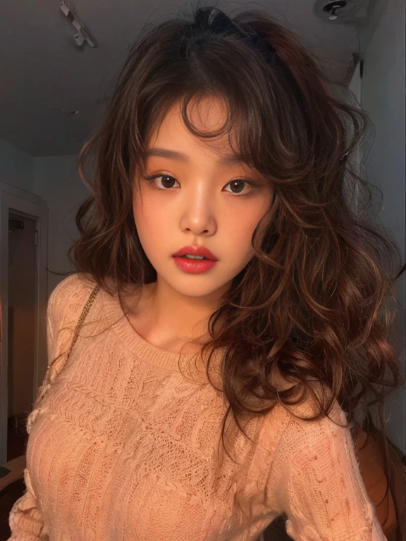 a closeup of a woman with long hair and wearing a sweater, curly bangs, korean girl, ulzzang, beautiful south korean woman, Beautiful young Korean woman, Beautiful young Korean woman, Popular Korean makeup, young and adorable korean face, curly bangs and ponytail, South Korean popular makeup, shoulder length wavy hair, with long curly hair, beautiful asian girl, messy curly hair