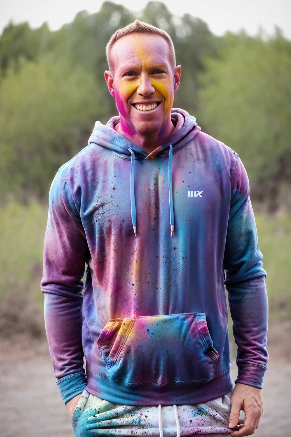 man (Todder9), wearing hoodie, looking at viewer, holi color festival, portrait, hyper detailed POV, by lee jeffries, nikon d850, film stock photograph ,4 kodak portra 400 ,camera f1.6 lens ,hyper realistic ,lifelike texture, dramatic lighting , cinestill 800