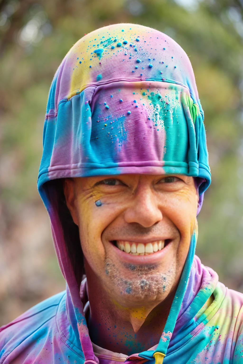 man (Todder9), wearing hoodie, looking at viewer, holi color festival, portrait, hyper detailed POV, by lee jeffries, nikon d850, film stock photograph ,4 kodak portra 400 ,camera f1.6 lens ,hyper realistic ,lifelike texture, dramatic lighting , cinestill 800