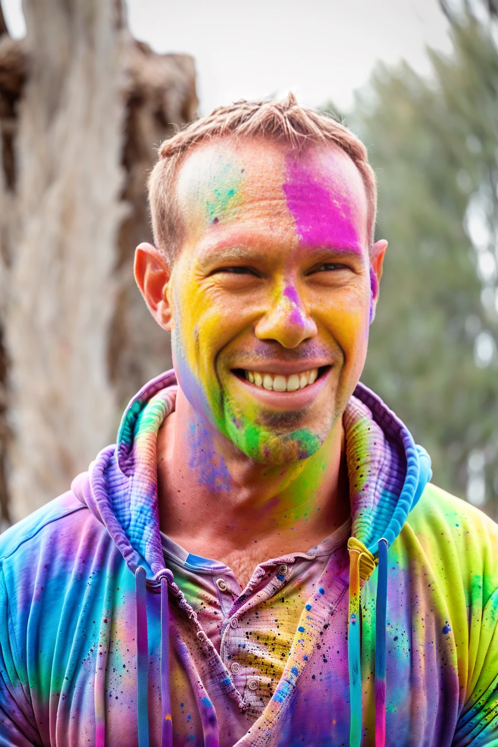 man (Todder9), wearing hoodie, looking at viewer, holi color festival, portrait, hyper detailed POV, by lee jeffries, nikon d850, film stock photograph ,4 kodak portra 400 ,camera f1.6 lens ,hyper realistic ,lifelike texture, dramatic lighting , cinestill 800