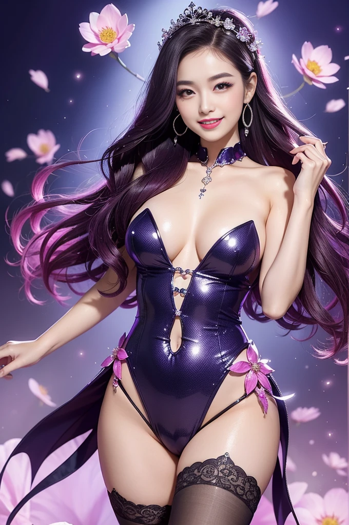 sexy woman who controls poison、smiling face、lipgloss、intense makeup、look at the camera、full body Esbian、、sparkling poisoned flower costume、、、、sparkling Colorful hair、secrete poison、skull hair accessories, detailed tights、shiny sparkling flowers background