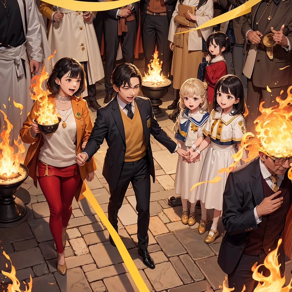 Create a Group of Family composed of 43 members, celebrating their first ever gold badge. Add a Banner named FLAMES DE FAMILIA. Please ensure it has 43 characters in the picture