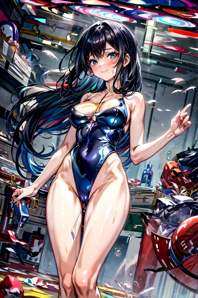 photo of 1 jpn-girls,locker room, crowd, large breast,(full body shot),wearing glossy sky-blue colorful rhythmic-gymnastics-leotard, rainbow print,red jacket,(headphone:1.2),sunglasses,hoodie,baseball_cap, cleavage, body-fit, thighs, bare-legs, big anime eyes with shiny reflection, innocent smile, black hair,long hair