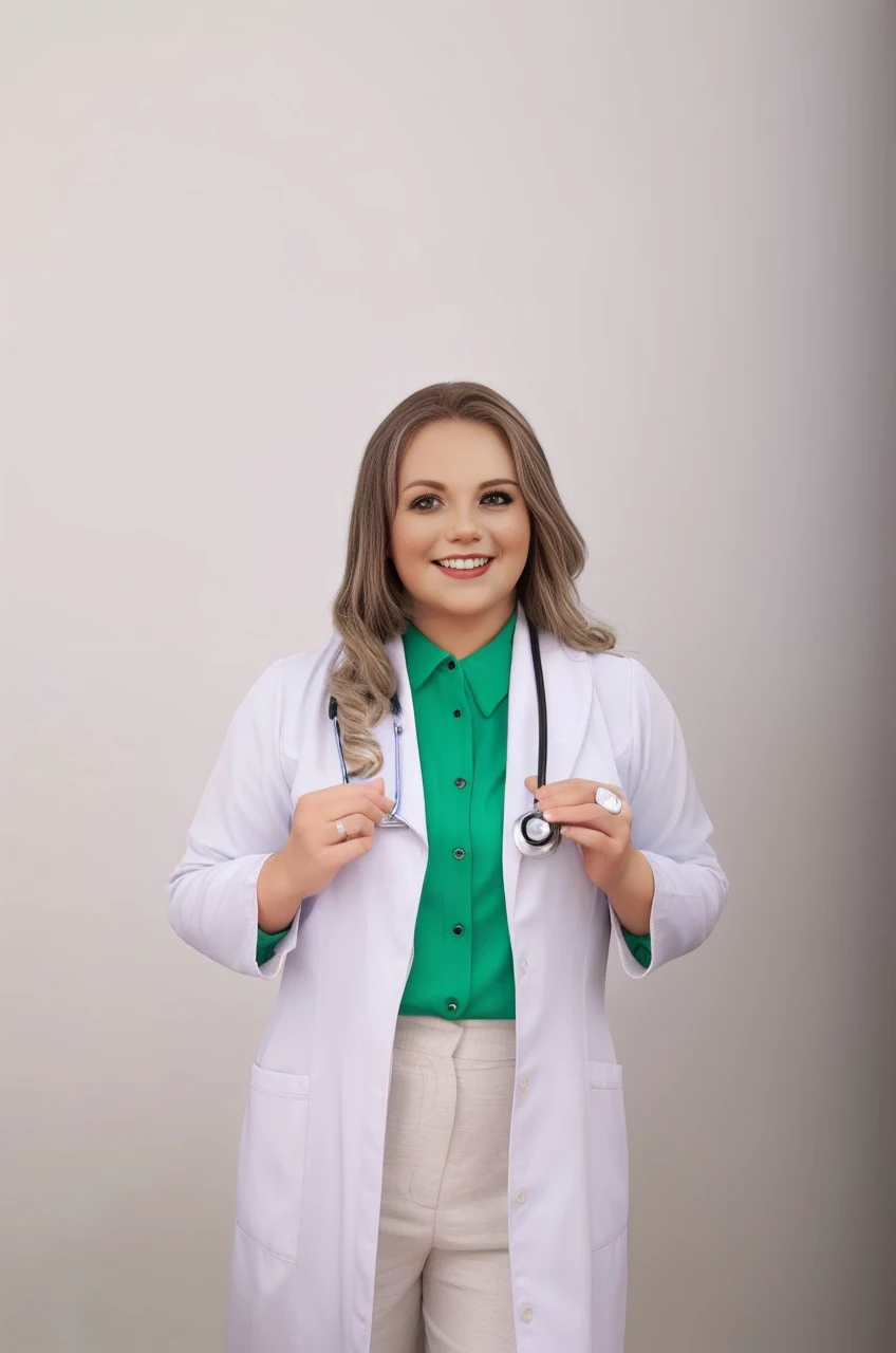 A wise woman standing in front, white background, she is a nurse and is smiling and wears a stethoscope on her shoulders