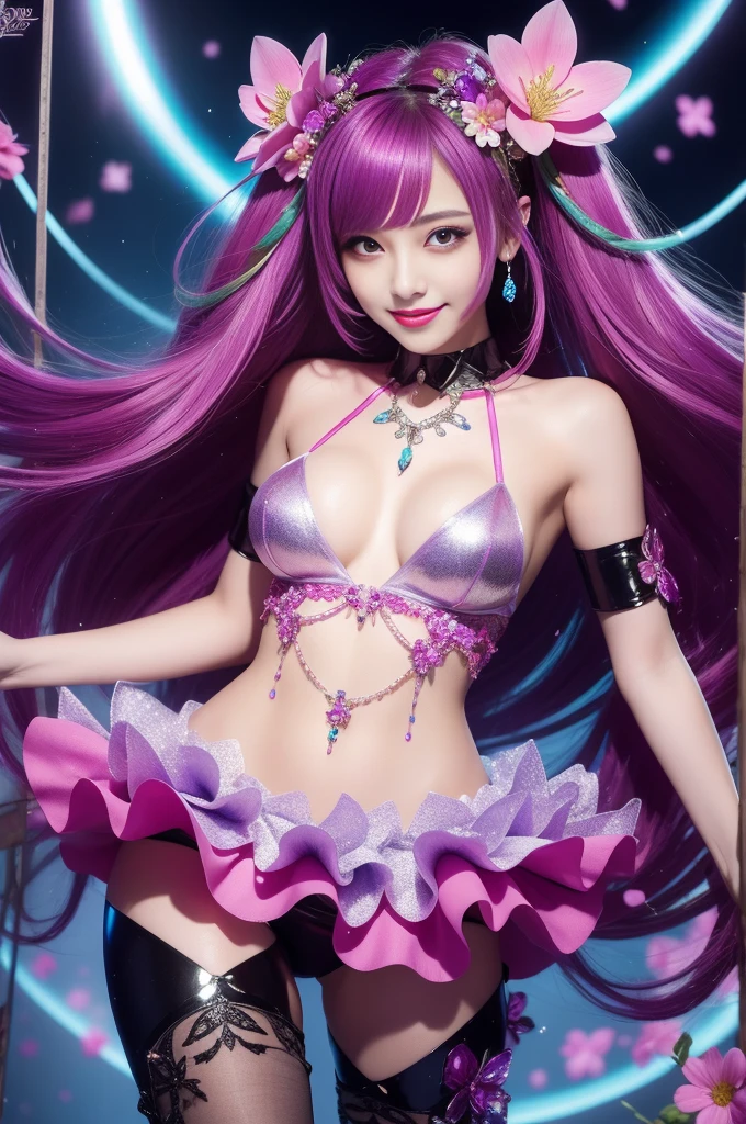 sexy woman who controls poison、smiling face、lipgloss、intense makeup、look at the camera、full body Esbian、、sparkling poisoned flower costume、、、、sparkling Colorful hair、secrete poison、skull hair accessories, detailed tights、shiny sparkling flowers background