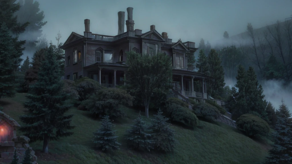 Image of an old, haunted mansion, in the middle of a hill surrounded by fog