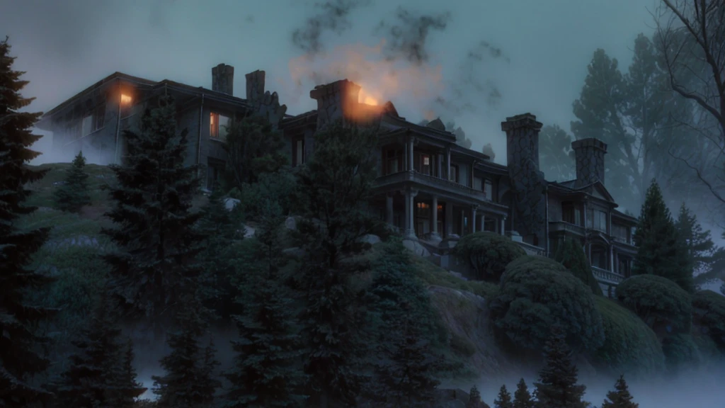 Image of an old, haunted mansion, in the middle of a hill surrounded by fog