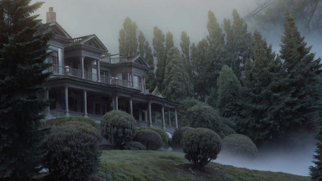 Image of an old, haunted mansion, in the middle of a hill surrounded by fog