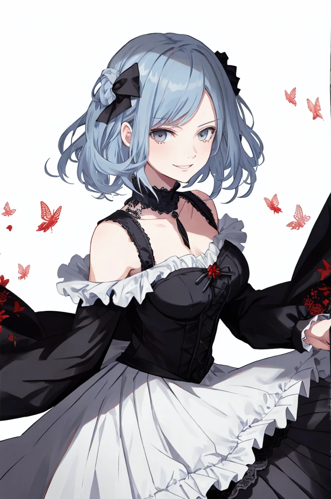  ((best quality)), ((masterpiece)), (detailed), 1girl, Character design, female, dynamic poses, long blue hair, grey white eyes, very skinny, detailed, best quality, no accesoires around the neck, prominent collarbones, skinny arms, upper body, blank white background, plain background, white background, ((red and white clothing)), Bloodborne inspired, occult aesthetic, occult, detailed and intricate steampunk and detailed gothic, Very dramatic and cinematic lighting, cosmic horror, grim-dark, side-lighting, perfect face,  Fluttering lace flared long knee length dress with frilly petticoats, knee length dress, pleated petticoats, petticoats gothic, complex lace boots, side-lighting, gothic aesthetic, wielding a mighty sword with mechanical components, mandalas, small breasts, a fairy, various different types of insect wings,upper body, upper body, white holy clothes,white holy clothes,((evil smile)),blue hair,