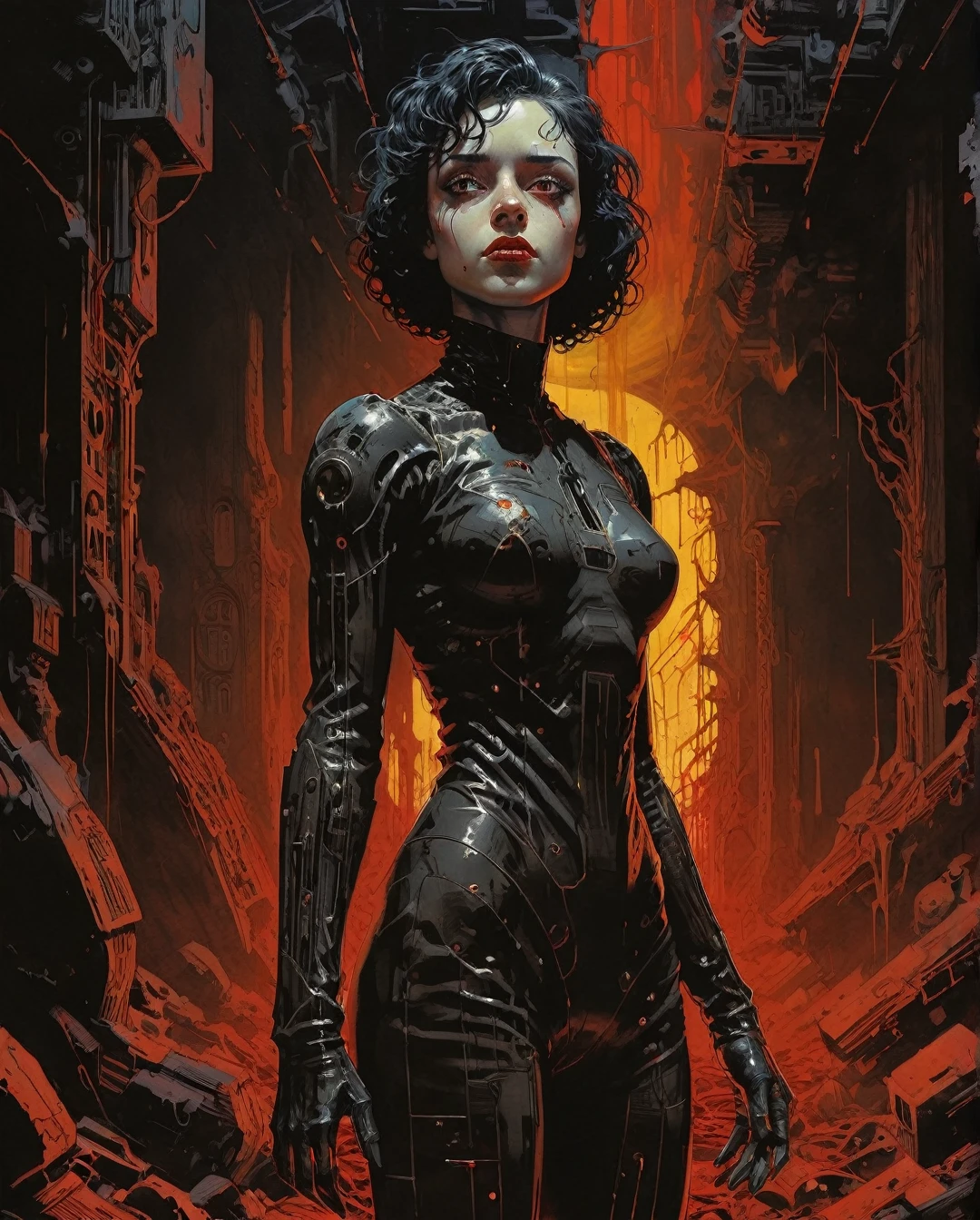 (by Loish, Leyendecker, james gilleard), A full body shot of a young goth woman, short black curly hair, slightly smiling, one raised eyebrow, wearing a black metal cyborg suit , red lips, dark eye makeup, dark future battlefield background, ,heavy_jacket,Fire Angel Mecha.. ......, maximalist art, by Moebius and Hariton Pushwagner, (ambient occlusion, masterful, beautiful), poster art, bold lines, hyper detailed, expressive, award winning, (landscape:1.4), (intricate details, masterpiece, best quality:1.4), looking at viewer, dynamic pose, wide angle view, in the style of nicola samori , futuristic style, sleek, ultra modern, high tech, ornate by Moebius and by Marc Simonetti, clean lines, geometric shapes, Minimalist color scheme of red and cyan
mkitdecy, rust, cracks brutalism, style by Tom Jung and Drew Struzan and Tim and Greg Hildebrandt, ((style by artgerm and Greg Manchess and Ilya Kuvshinov))