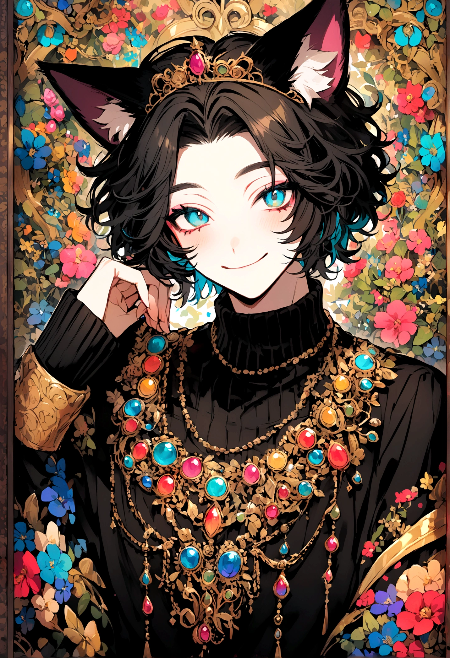 Semi-human boy with cat ears smiling wearing a black sweater