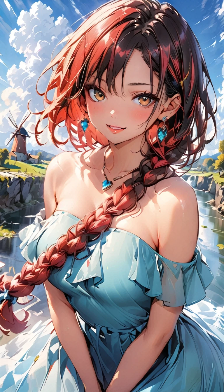 (highest quality:1.4), Very detailed, Vibrant, digital coloring, High Contrast, highest quality, Best aesthetics, (masterpiece:1.4), 1 girl, red Hair, (long single braid:1.5), BREAK (Blue Dress, off shoulder, Strapless dress:1.4), Jeweled Earrings, BREAK pendant AND golden heart, (fantasy landscape:1.4), windmill, countryside, little river, Bright lighting, Beautiful world, New World, Blown by the gentle wind, side glance, left hand on own chest, vivid yellow eyes, (hot gaze, Hot, beautiful lips, Glossy, Open Mouth, Leaking sigh), Accurate,  Cowboy Shot, portrait, shoot from front, seductive smile, The beauty and danger of growing from a girl to an adult, A symbol of miraculous beauty