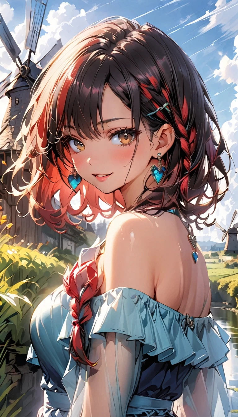 (highest quality:1.4), Very detailed, Vibrant, digital coloring, High Contrast, highest quality, Best aesthetics, (masterpiece:1.4), 1 girl, red Hair, (long single braid:1.5), BREAK (Blue Dress, off shoulder, Strapless dress:1.4), Jeweled Earrings, BREAK pendant AND small golden heart, (fantasy landscape:1.4), windmill, countryside, little river, Bright lighting, Beautiful world, New World, Blown by the gentle wind, side glance, left hand on own chest, vivid yellow eyes, (hot gaze, Hot, beautiful lips, Glossy, Open Mouth, Leaking sigh), Accurate, Cowboy Shot, portrait, shoot from front, seductive smile, The beauty and danger of growing from a girl to an adult, A symbol of miraculous beauty