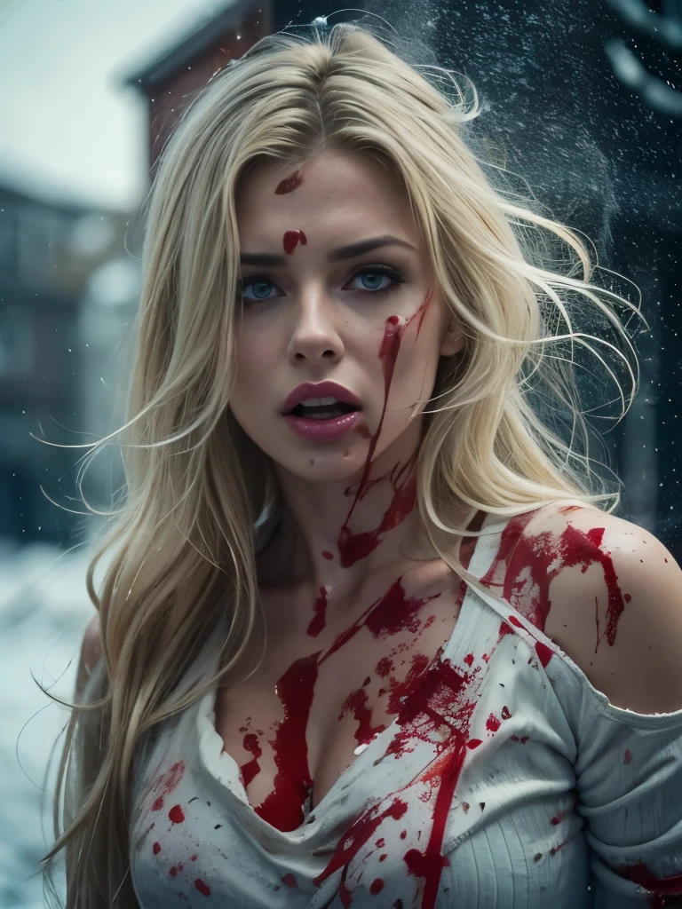 An ultra hot gorgeous European woman, age 23, in action pose,  blond messy hair.Body covered of blood and blood splatter.bloody face, bloody clothes, bloody body. She’s full of fury and anger. Outside, in the snowy streets of a town after a disaster. Flames, heavy smoke. Sparkles, explosions. Dramatic cinematic light. Dark atmosphere.