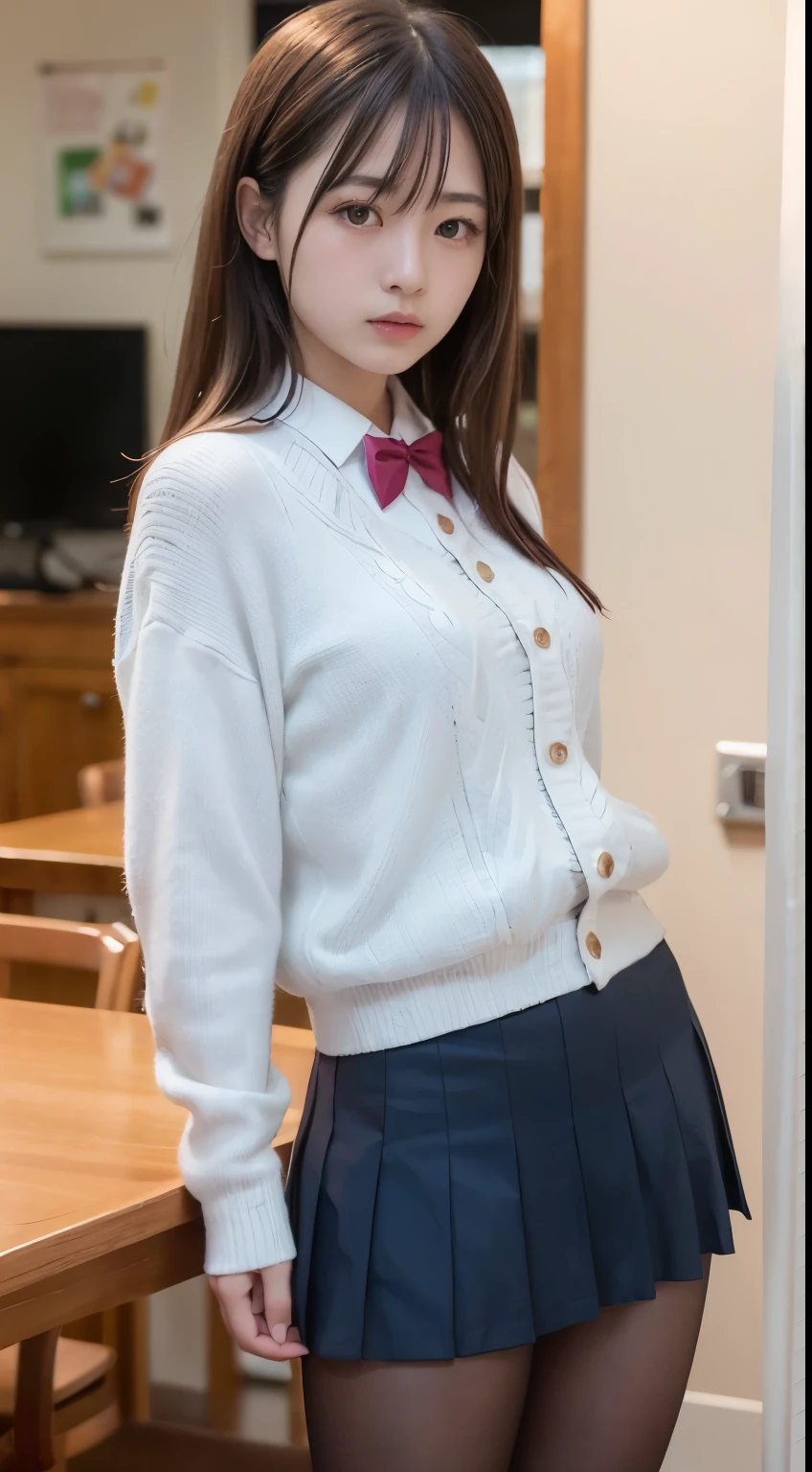 High resolution、High level image quality、8K、real live action、RAW photography、highest quality、masterpiece、table top、erotic、student、pink good,white skin,knees,(black pantyhose),Detailed panty pattern、panties focus、pink panties、small panties、absurdists,small face、huge breasts、Part the front hair from the middle、I can see the forehead,(cold look<Tight eye,glare,bullish,thin anger)、masterpiece,highest quality、Super high resolution,RAW photo,Only,beautiful feces,one person, solo,dark look,small breasts,whole body、very nice、 uniform,high school girl,japanese woman,standing,(Photoreal:1.37)、photon mapping,light blue ribbon,realistic、Cute small face,Brown eye、black socks、 years old、(red bow tie)、radio city、Only Daring、Qianfang、Depth of bounds written、blurred background、picture,the girls、body,beautiful feet, long legs, thin legs,long bob cut,(I can see the front hair), hair, lips, green_eye, nose soft,(pink shirt), (navy pleated skirt), navy blue uniform jacket、white sweater vest、I can see the knees,thin clothing,, thigh, Black Pantyhose,Nogizaka idol, actress, japanese id、Sparkling eyes、glossy lips、long bob cut、very big breasts、expose one's chest、bare one's chest、Nipples show through、Breast milk squirts out of the nipples、A lot of milk comes out from the nipples、put the chest on the tray、
