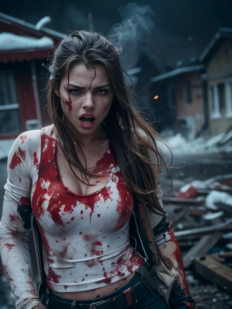 An ultra hot gorgeous European woman, age 23, in action pose,  Body covered of blood and blood splatter.bloody face, bloody clothes, bloody body. She’s full of fury and anger. Outside, in the snowy streets of a town after a disaster. Flames, heavy smoke. Sparkles, explosions. Dramatic cinematic light. Dark atmosphere.