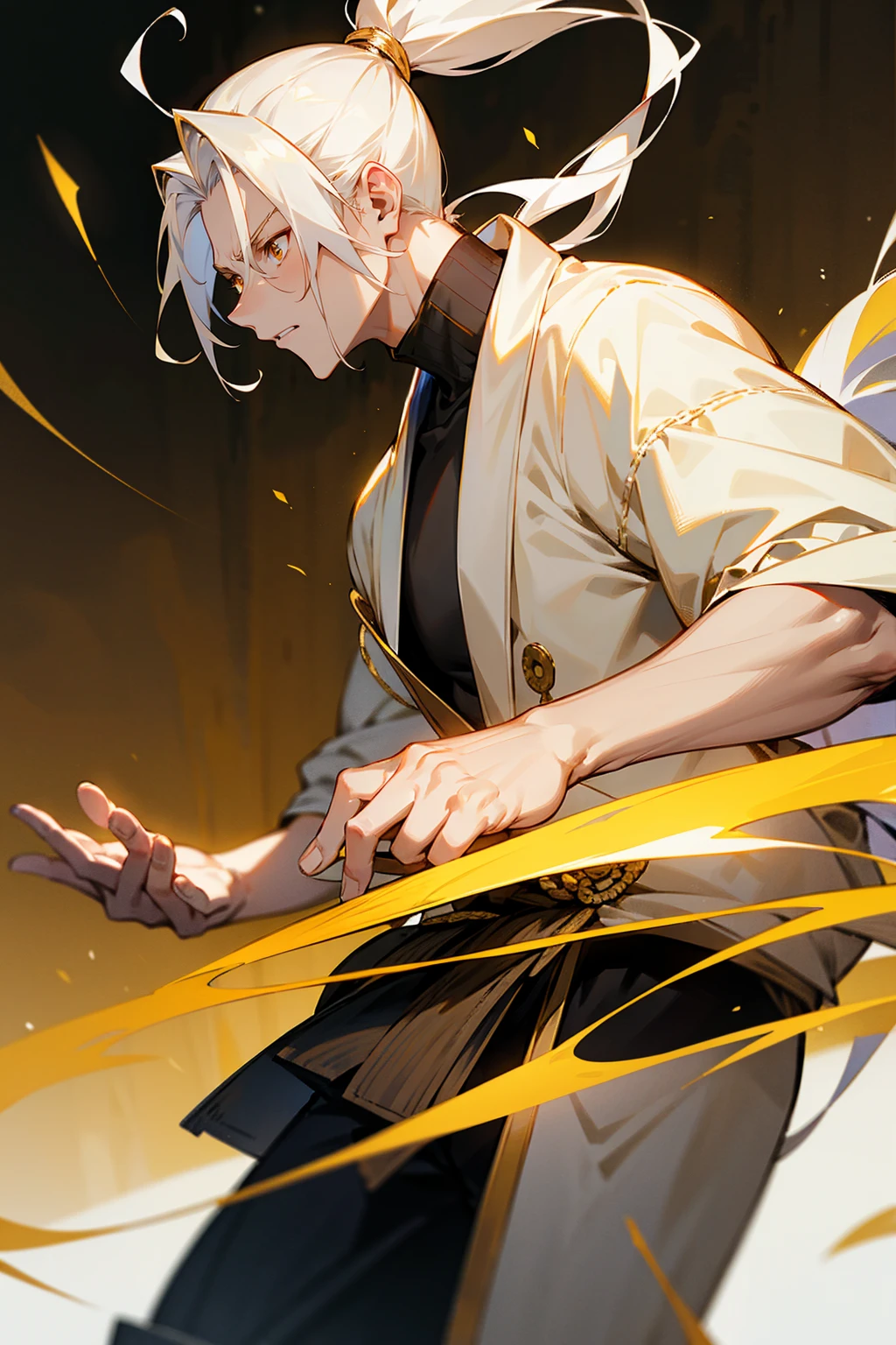 1male , Pale Blonde White Hair , Ponytail , White Haori with golden Accents , Fitted Turtleneck , Combat Clothing , Golden Eyes , Serious Expression , Perfect Generation , Adult Male , Muscular , Temple Background