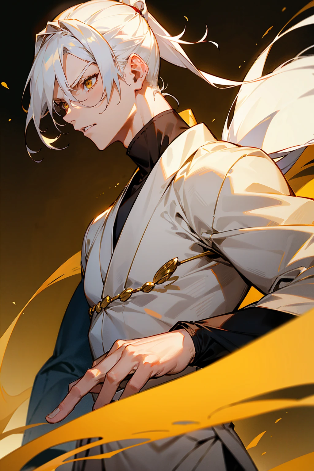 1male , Pale Blonde White Hair , Ponytail , White Haori with golden Accents , Fitted Turtleneck , Combat Clothing , Golden Eyes , Serious Expression , Perfect Generation , Adult Male , Muscular , Temple Background