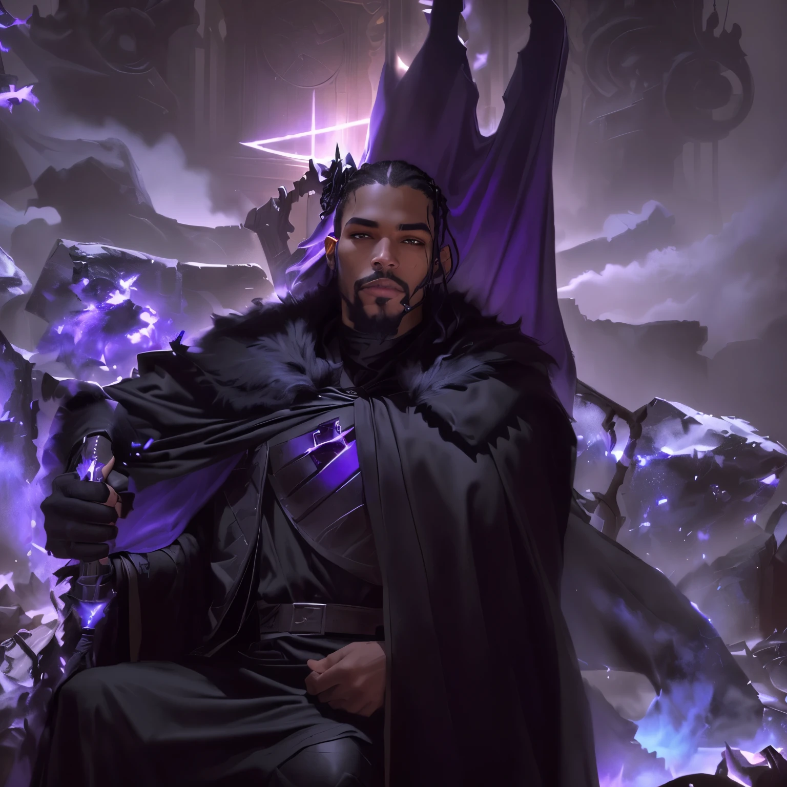 there is a man sitting in a chair with a horned head, Dressed in an ebony robe, Jayson Tatum as heroic guerrilla, as a medieval fantasy character, Serpentina do Twitch / gamer ludwig, wearing black clothes and cape, Maximo Jacobs, on an icy throne, wearing a black cape, wearing a black cape, full body purple cloak