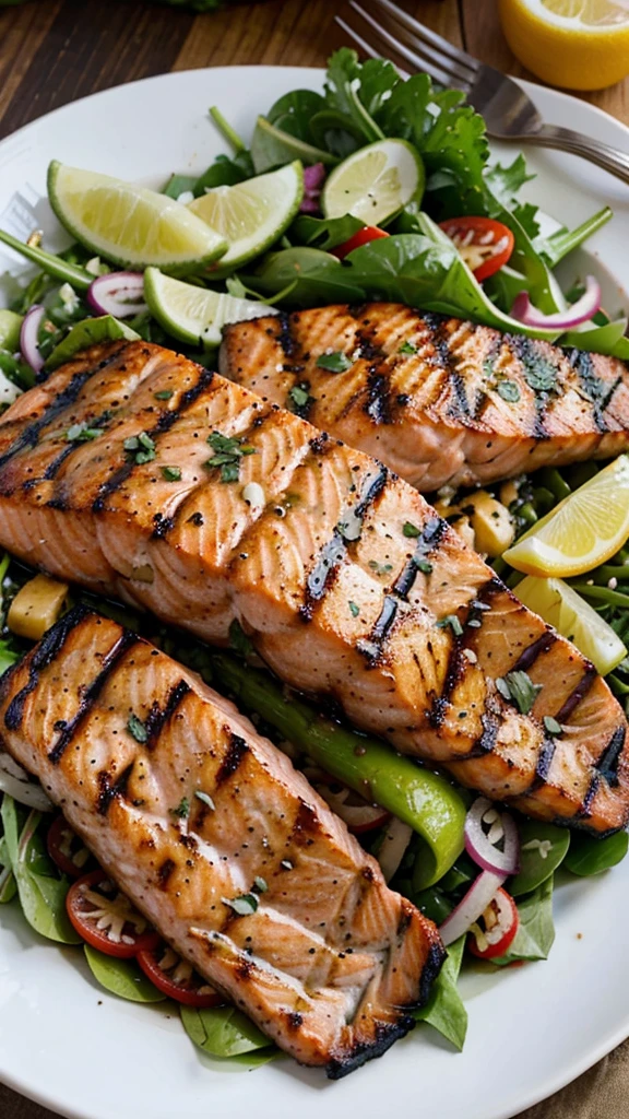 grilled salmon fillets on a plate alongside the roasted asparagus and mixed green salad.