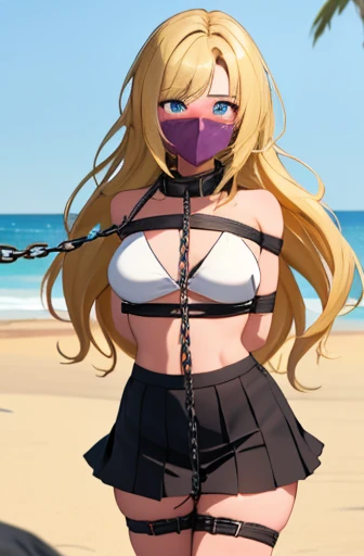 1 girl, detailed blue eyes, lange wimpern, detailed beautiful face, (very Long blonde hair:1.4), festgebunden, (arms behind back:1.6), gefesselte Arme, (blushing:1.3), (Big boobs:1.1), OTN, White OTN gag, Gag, gagged, shibari over clothes, (black skirt, White Bikini top:1.4), in her knees in a beach Club, knieend, tied gag, nah aufnahmen, (Chain leash, collar, Viewer Holding leash:1.4)