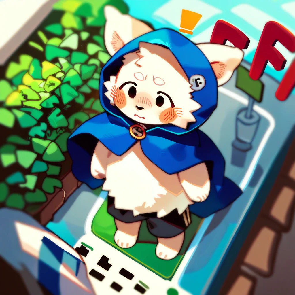 punctuation_9,punctuation_8_High above,punctuation_7_High above,punctuation_6_High above,punctuation_5_High above,punctuation_4_High above, solo anthropo peludo, boykisserfur, mascle, white fur, white ears, presumptuous, blush, hooded cloak, shorts, whole body, with your friends