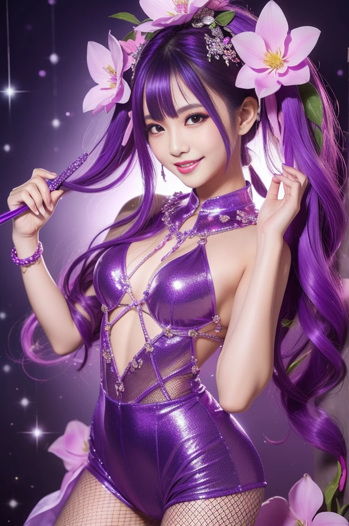 sexy Thai model who controls poison、happy smile、lipgloss、intense makeup、look at the camera、full body Esbian、、sparkling poisoned flower costume (purple)、、、、shiny sparkling multicolor hair、secrete poison、skull hair accessories、fishnet tights、shiny sparkling flowers background