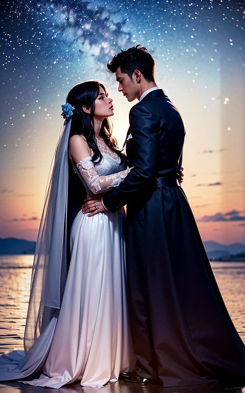 Create a mystical and ethereal book cover for "Tranca Ruas das Almas e sua Chama Gêmea," predominantly featuring sky blue. The background should be a soft yet vibrant sky blue, with a starry sky and the Milky Way crossing it, creating an ethereal effect. Place a translucent couple in the center: the man in a simple white or pastel tunic and the woman in a long, flowing dress in white or light blue. They should be looking at each other or touching lightly, with serene, loving expressions. Include a mysterious figure in the background or next to the couple, wearing a cloak black on the outside and blue on the inside, with the face partially shadowed. Add two delicate flowers in the foreground or near the couple, in colors like lilac, white, or light pink. Include soft lights, shimmering mists, and discreet arcane symbols scattered across the sky or around the couple to represent the mystical essence of Maria, the witch and mage. Apply color filters to harmonize all layers and use light and shadow effects to integrate the elements and create a sense of depth. The composition should convey a sense of mystery, romance, and magic, reflecting the story's depth of reincarnation and the connection of twin flames.