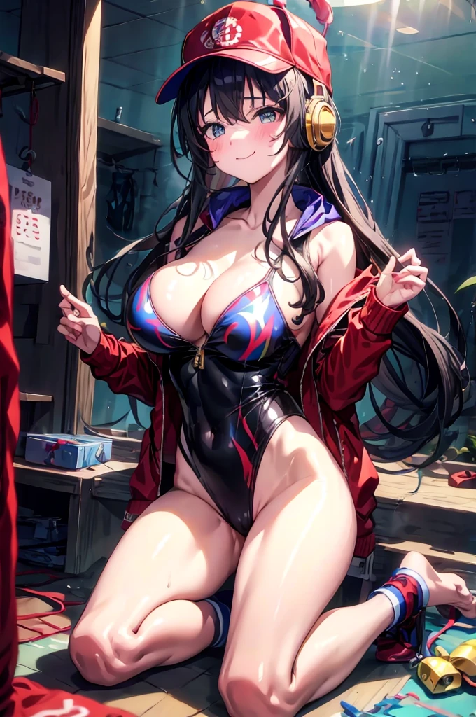 photo of 1 jpn-girls,locker room, crowd, large breast,(full body shot),wearing glossy sky-blue colorful rhythmic-gymnastics-leotard, rainbow print,red jacket,(headphone:1.2),sunglasses,hoodie,baseball_cap, cleavage, body-fit, thighs, bare-legs, big anime eyes with shiny reflection, innocent smile, black hair,long hair