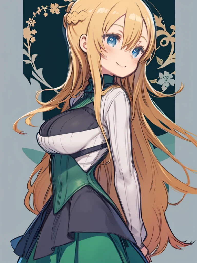 One Woman、(Chibi Character、Nendoroid、five-headed body、Side view、Angle from the side、profile、Simple Background、Flat Color)、Blonde Hair、long hair、Hair between the eyes、Big Breasts、Huge breasts、Green clothes、Turtleneck sweater、Smiling、