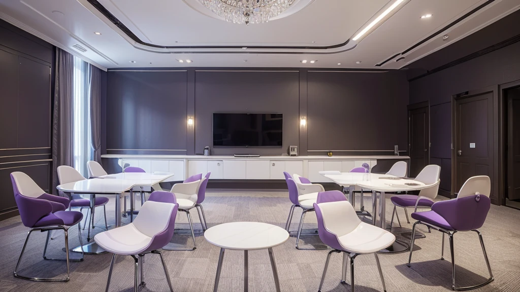((Best Quality)), ((Masterpiece)), (detailed), white and purple interview room with chairs and table