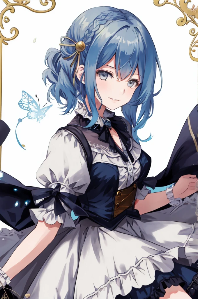  ((best quality)), ((masterpiece)), (detailed), 1girl, Character design, female, dynamic poses, long blue hair, grey white eyes, very skinny, detailed, best quality, no accesoires around the neck, prominent collarbones, skinny arms, upper body, blank white background, plain background, white background, ((red and white clothing)), Bloodborne inspired, occult aesthetic, occult, detailed and intricate steampunk and detailed gothic, Very dramatic and cinematic lighting, cosmic horror, grim-dark, side-lighting, perfect face,  Fluttering lace flared long knee length dress with frilly petticoats, knee length dress, pleated petticoats, petticoats gothic, complex lace boots, side-lighting, gothic aesthetic, wielding a mighty sword with mechanical components, mandalas, small breasts, a fairy, various different types of insect wings,upper body, upper body, white holy clothes,white holy clothes,((evil smile)),blue hair,