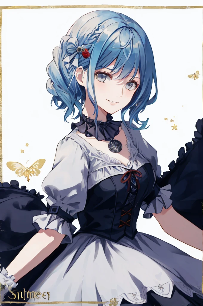  ((best quality)), ((masterpiece)), (detailed), 1girl, Character design, female, dynamic poses, long blue hair, grey white eyes, very skinny, detailed, best quality, no accesoires around the neck, prominent collarbones, skinny arms, upper body, blank white background, plain background, white background, ((red and white clothing)), Bloodborne inspired, occult aesthetic, occult, detailed and intricate steampunk and detailed gothic, Very dramatic and cinematic lighting, cosmic horror, grim-dark, side-lighting, perfect face,  Fluttering lace flared long knee length dress with frilly petticoats, knee length dress, pleated petticoats, petticoats gothic, complex lace boots, side-lighting, gothic aesthetic, wielding a mighty sword with mechanical components, mandalas, small breasts, a fairy, various different types of insect wings,upper body, upper body, white holy clothes,white holy clothes,((evil smile)),blue hair,