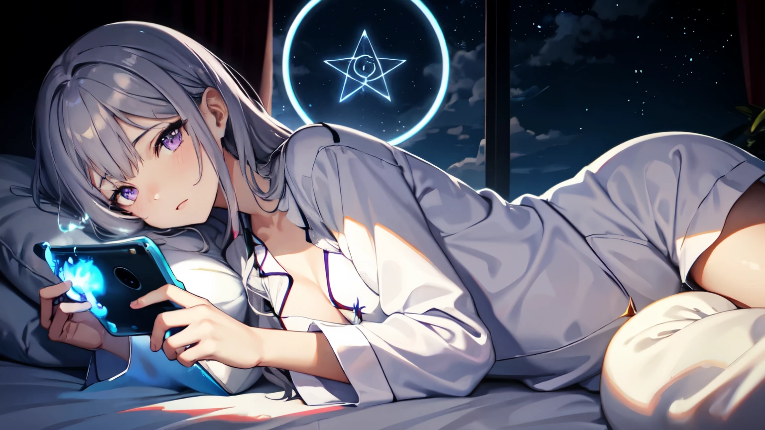 One girl, in pajamas,Gray Hair, Purple eyes, magic circle, Blue Fire, blue flame, On the bed,Touching a smartphone, Depth of written boundary, night, Night&#39;s bedroom,Particles of light, light, Side Lighting, destiny \(series\), cloud