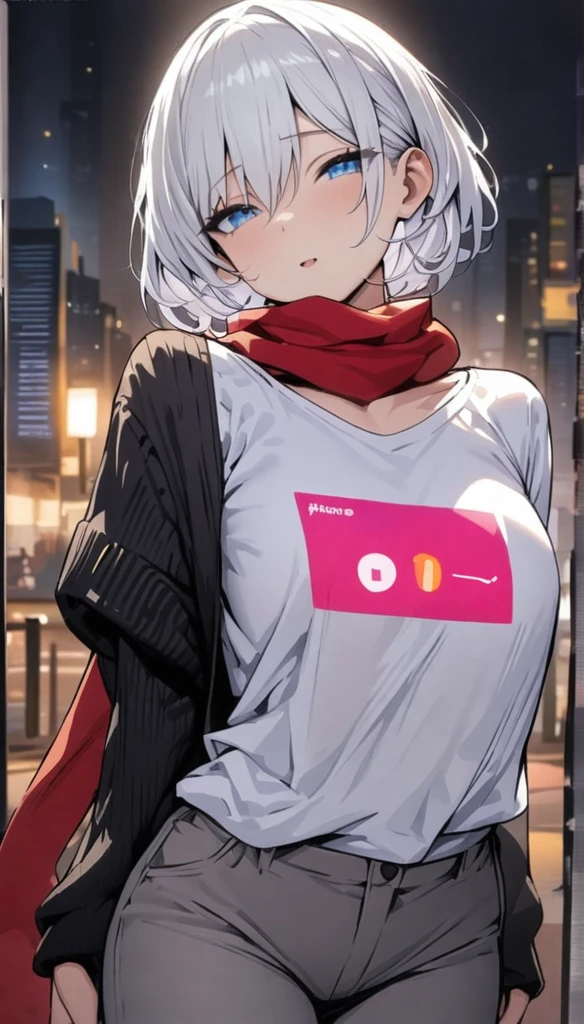((Best Quality)), ((Masterpiece)), (detailed), 1 chico, White hair, medium short hair, blue eyes, cerium expression, White T-shirt, black sweater, Red scarf, grey pants, in the city at night,