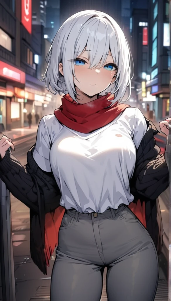 ((Best Quality)), ((Masterpiece)), (detailed), 1 chico, White hair, medium short hair, blue eyes, cerium expression, White T-shirt, black sweater, Red scarf, grey pants, in the city at night,