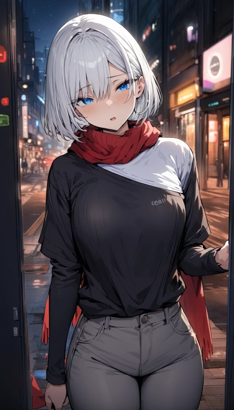 ((Best Quality)), ((Masterpiece)), (detailed), 1 chico, White hair, medium short hair, blue eyes, cerium expression, White T-shirt, black sweater, Red scarf, grey pants, in the city at night,