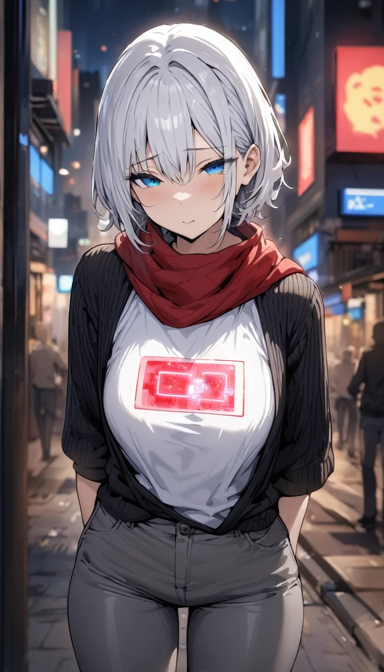 ((Best Quality)), ((Masterpiece)), (detailed), 1 chico, White hair, medium short hair, blue eyes, cerium expression, White T-shirt, black sweater, Red scarf, grey pants, in the city at night,