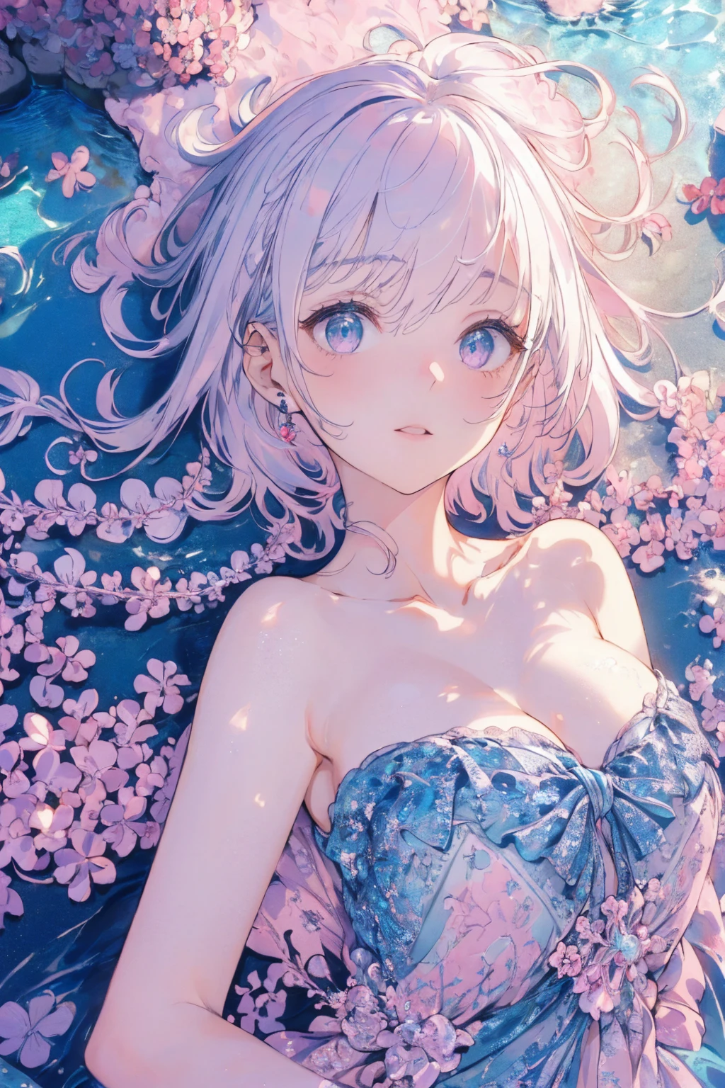 (seaside photo:1.1, in blue marine:1.5), Masterpiece, best quality, (very detailed CG unity 8k wallpaper), (best quality), High definition RAW color art, Animation,sculptures, (pink Marble Skin), (((Ultra detailed elegant))), Magical atmosphere, Detailed skin, Texture,(Intricately detailed, Fine detail, ultra-detail art), depth of fields, bokeh, Silky Touch, Hyper Detail, beautiful eyes, Elegant Face, (lying on pastel pink waterfront), sparkle background, enormous breast:1.3, (silver hair), pastel purple,, muscle, embarrassing red face, wide open udder, shorthair, 丸メガネ:1.4, bikini