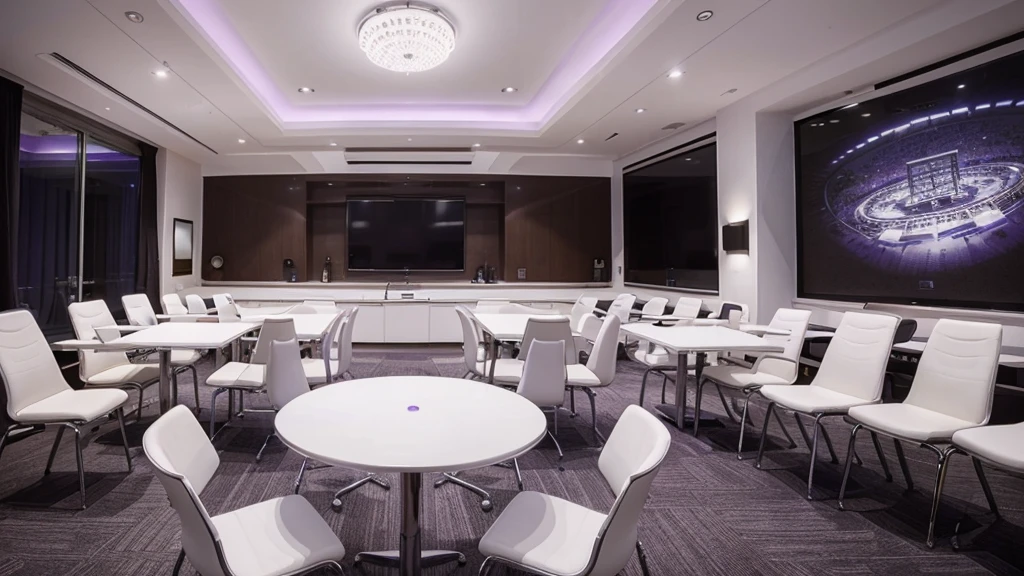 ((Best Quality)), ((Masterpiece)), (detailed), white and purple interview room with chairs and table and microphone
