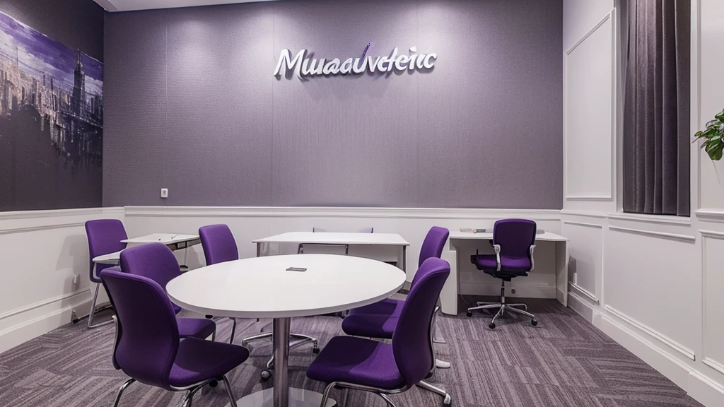 ((Best Quality)), ((Masterpiece)), (detailed), white and purple interview room with chairs and table and microphone