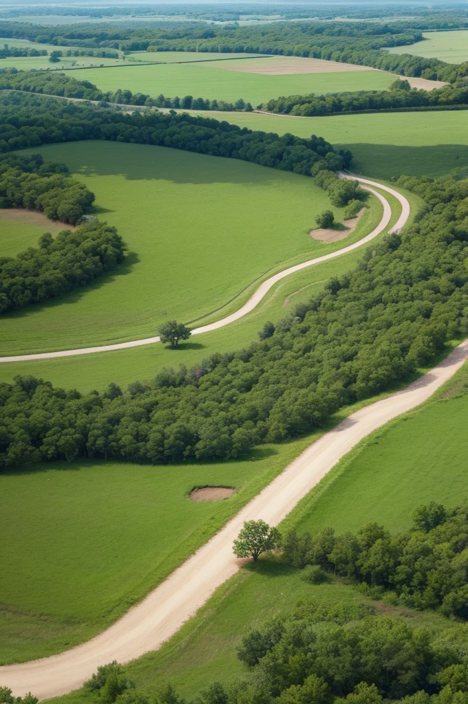 Scenario for game: a dirt road, letter, with grass and trees around, top view in 2d