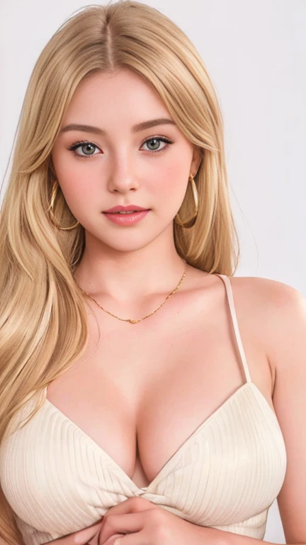 (1 girl:1.3), Alone, (((Very detailed face)))), full body masterpiece, Ultra realistic, 16K, Dreamy atmosphere, r3b3cc4 young, Sensual (Erotic), 1 girl (cute young) alone, delicate (seductive) female face, silky realistic hair, looking at viewer, Sakuragi Otome (otome dori), pale-blonde and golden hair (gradient colors) , simple background, white background, jewelry, earrings, necklace, young beauty, portrait, hoop earrings, realistic, soft lighting, slender hot body , photorealistic, detailed clear eyes, extremely erotic, delicate feminine, large natural breasts, belly hot, narrow waist, proportionally big hips, thick legs, beautiful, nude, different sensual positions, raw, analog, sharp focus, 8K, high definition, dslr, high quality, Fujifilm XT3, Film grain, award winning, highly detailed skin artwork, realistic skin details, visible pores, clear focus, volumetric fog, 8k hd, dslr, high quality, Film grain, light skin, photographic realism , lomography