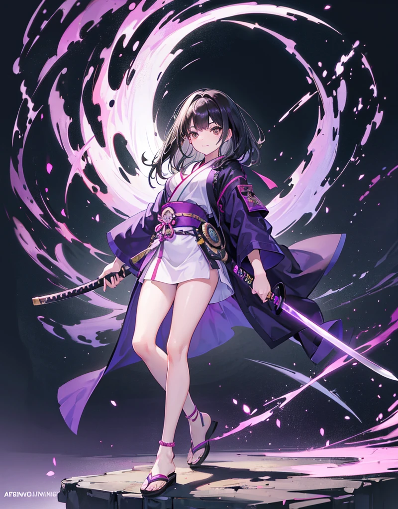 Young girl with black hair, brown eyes and olive skin, innocent and happy, wearing neon purple samurai robe, armlets and sandals, weilding katana, fullbody, medieval background, athletic