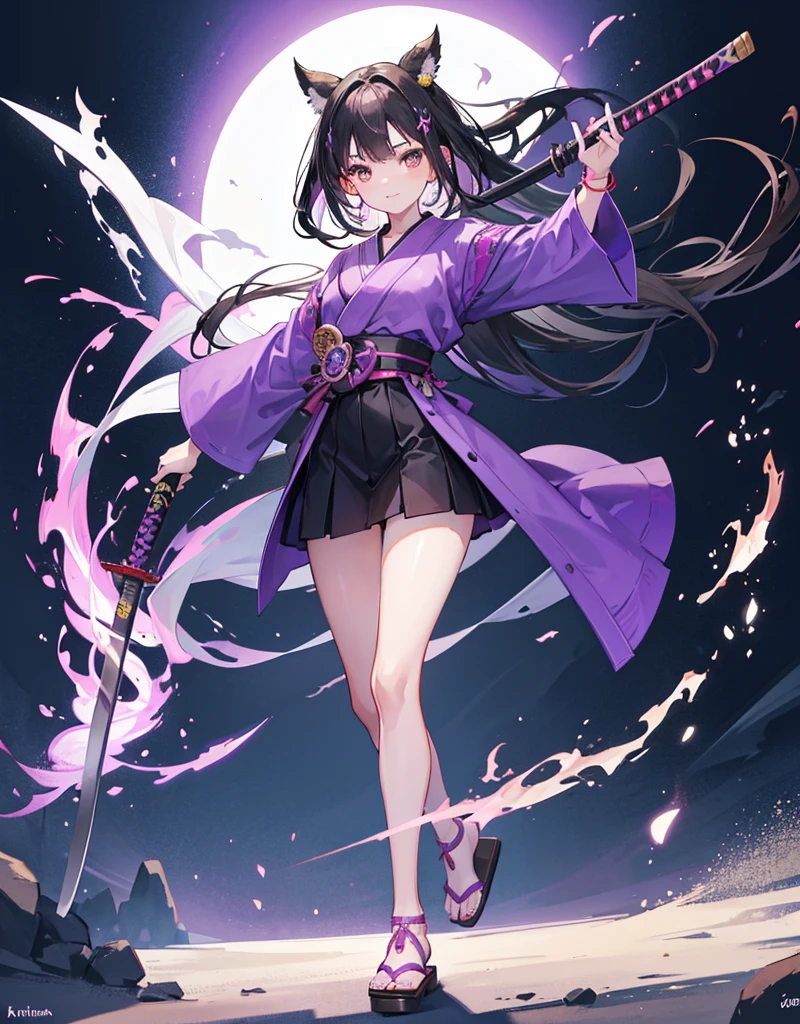 Young girl with black hair, brown eyes and olive skin, innocent and happy, wearing neon purple samurai robe, armlets and sandals, weilding katana, fullbody, medieval background, athletic