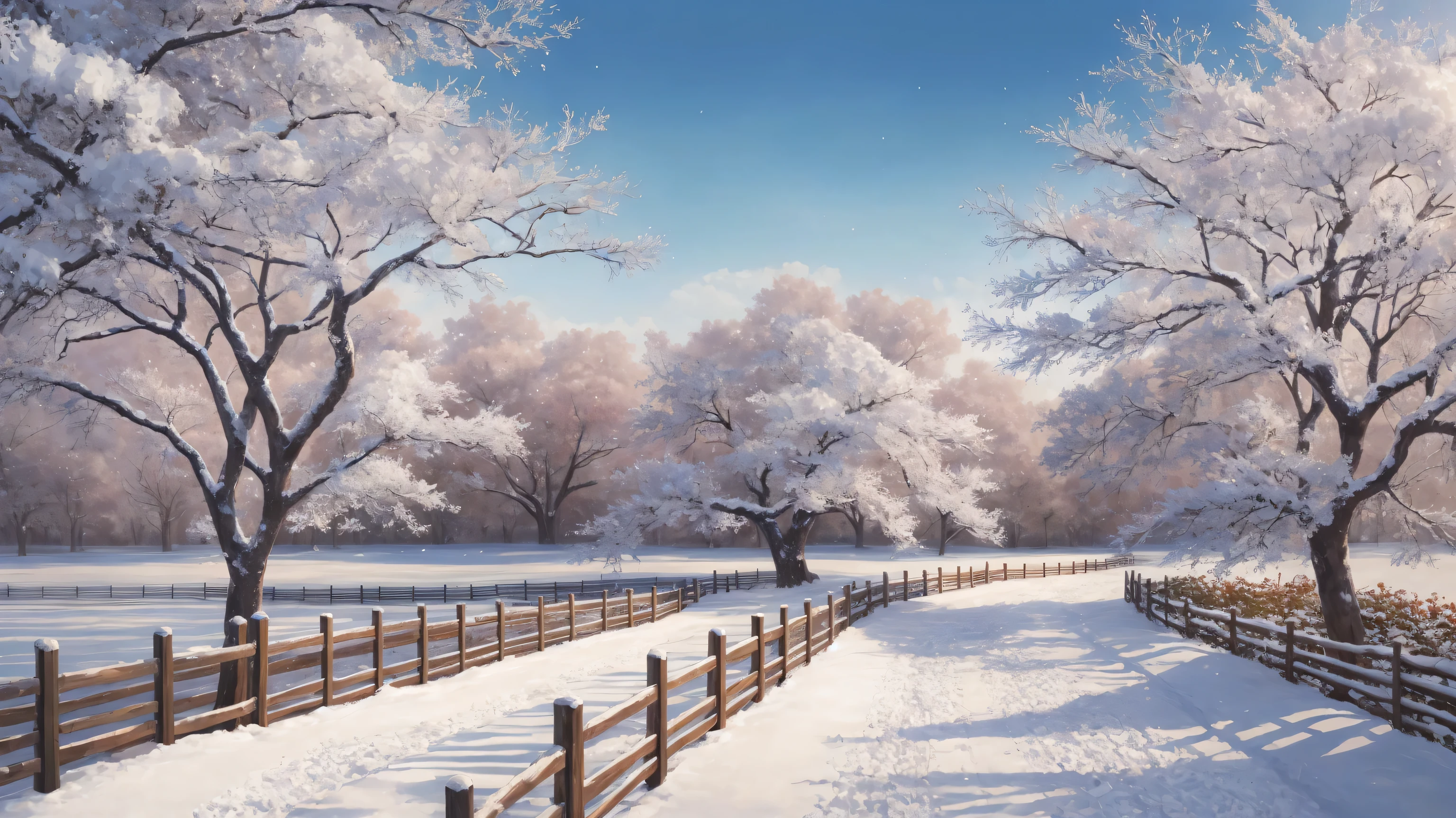 A painting of a snowy path with trees and a fence, beautiful Snow Scene, Beautiful winter area, Winter Environment, Snow on trees and on the ground, Snow Scene, winter photograph, Snow Scene, Winter scene fantasy, Detailed scenery —width 672, Winter park background, Sakimichan Institute of Human Development, Inspired by Koson Ohara, author:Torii Kiyomoto