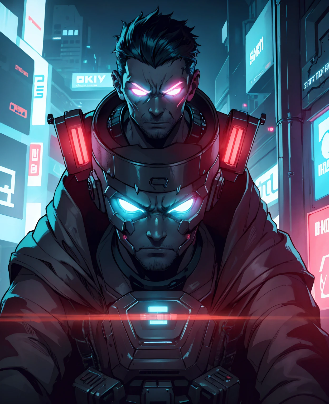 macro crisp quality, close up portraint, of cyberpunk brutal man, in cyberpunk neon room, rough skin, look at a camera, glowing eyes, age 40, cinematic, dimmed colors, dark shot, muted colors, film grainy, lut, spooky