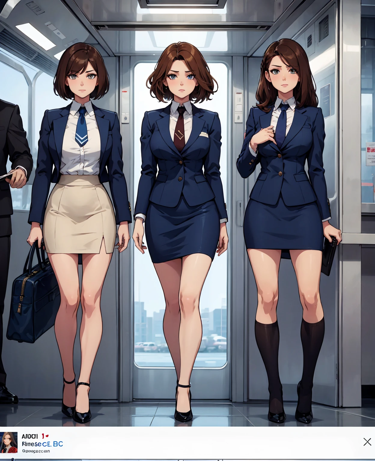 {{Mature female, caucasian}}, looking at viewer, hazel eyes, extremely detailed, medium breasts, brown hair, airport, flight attendant, uniform, blue blazer, blue necktie, blue skirt, medium skirt, pencil skirt, blue high heels, happy, best quality, high quality, extremely detailed anime screencap, {{{{crowded, multiple girls, thousands of sisters, millions of sisters,billions of sisters, clone, doppelganger, matching outfit, matching hairstyle}}}}, full body